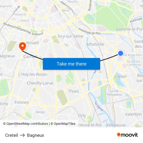 Creteil to Bagneux map