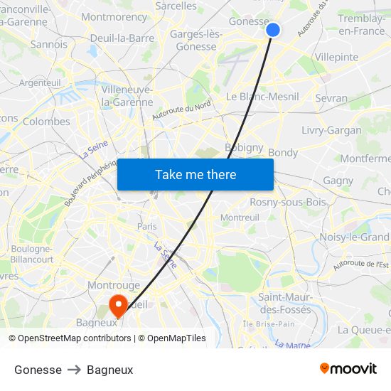 Gonesse to Bagneux map