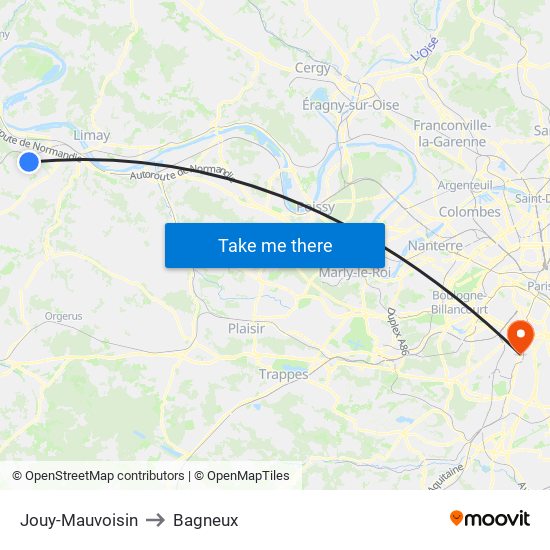 Jouy-Mauvoisin to Bagneux map