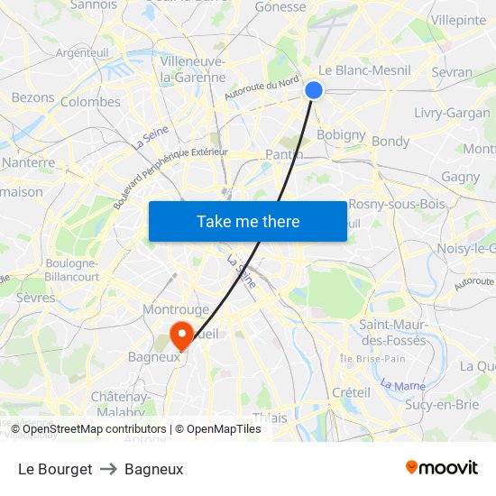 Le Bourget to Bagneux map