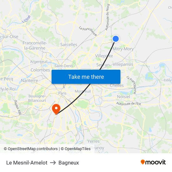 Le Mesnil-Amelot to Bagneux map