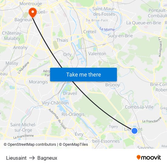 Lieusaint to Bagneux map