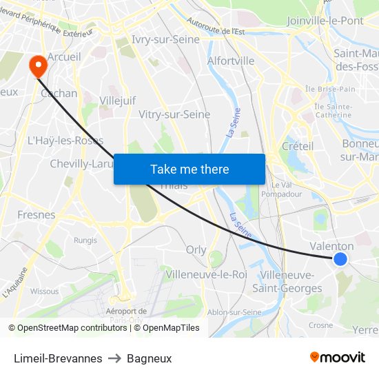 Limeil-Brevannes to Bagneux map