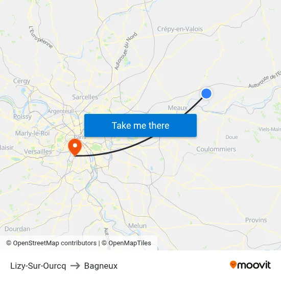 Lizy-Sur-Ourcq to Bagneux map