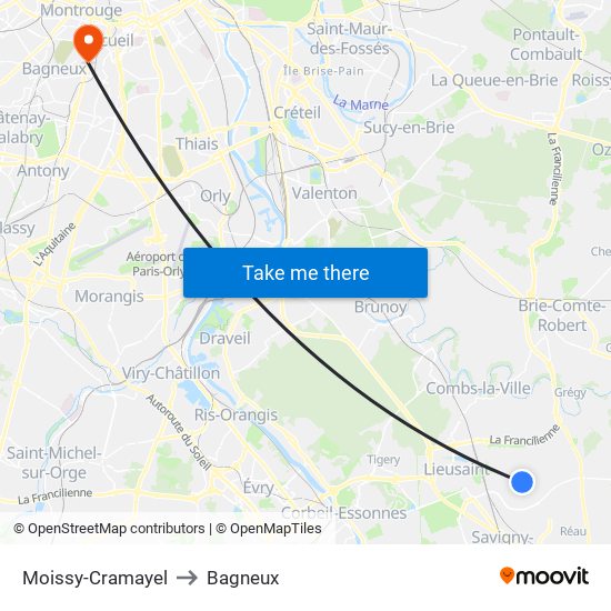 Moissy-Cramayel to Bagneux map