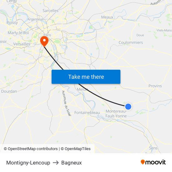 Montigny-Lencoup to Bagneux map