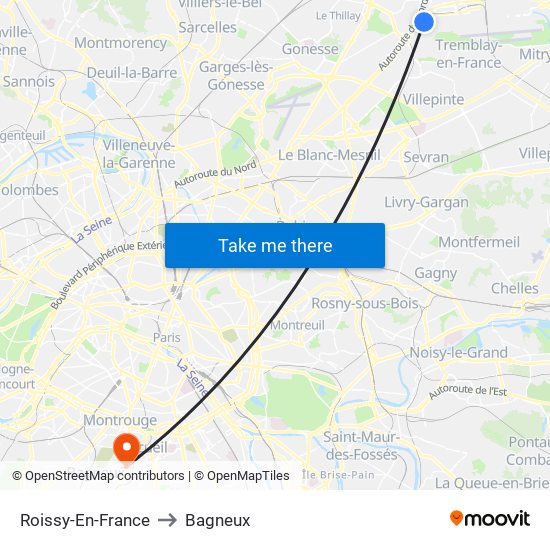 Roissy-En-France to Bagneux map