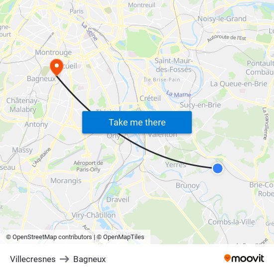 Villecresnes to Bagneux map