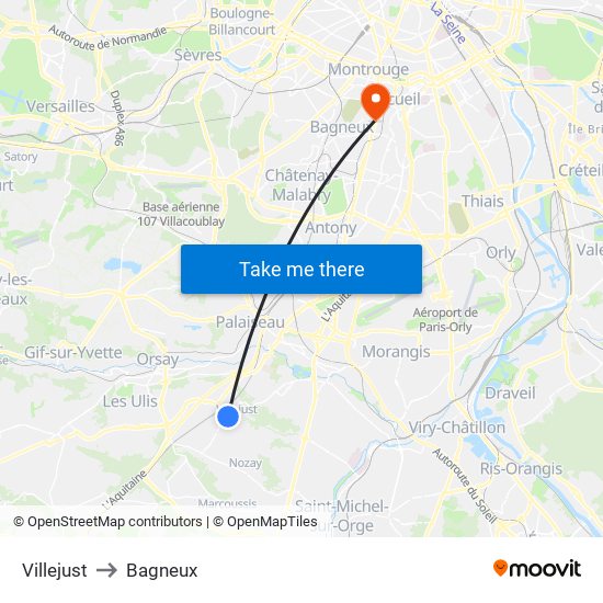 Villejust to Bagneux map