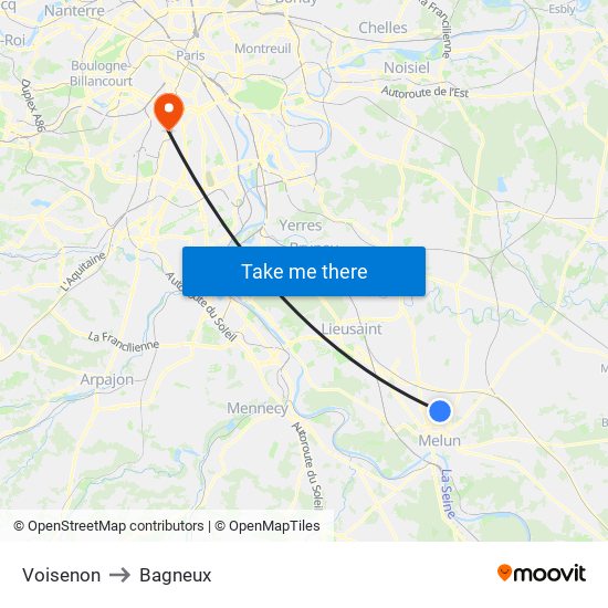 Voisenon to Bagneux map