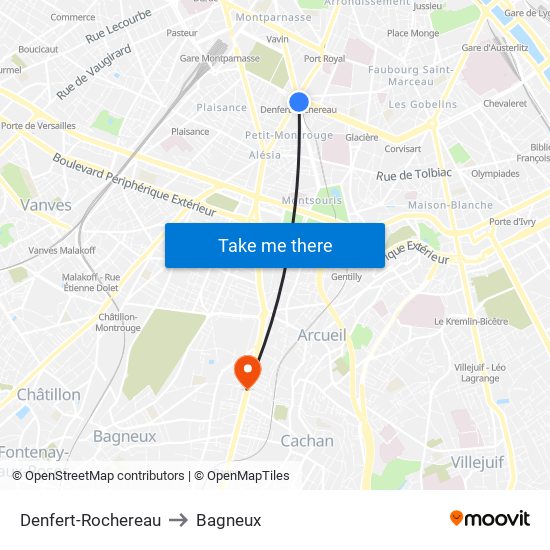 Denfert-Rochereau to Bagneux map