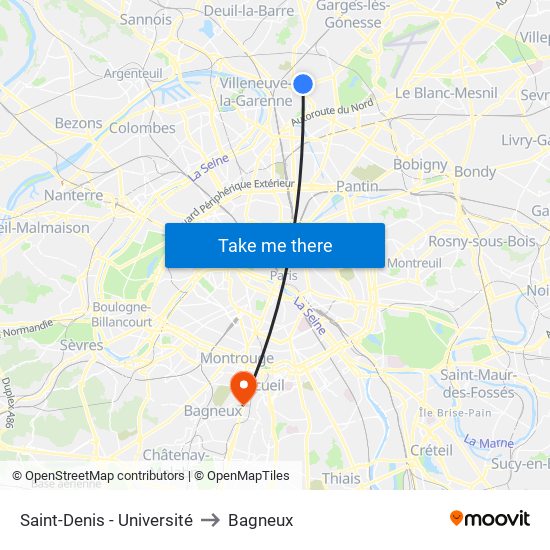 Saint-Denis - Université to Bagneux map