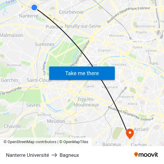 Nanterre Université to Bagneux map
