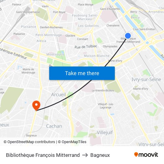 Bibliothèque François Mitterrand to Bagneux map