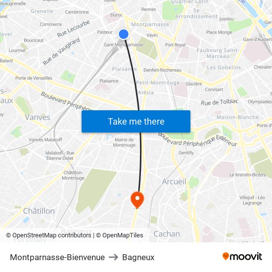 Montparnasse-Bienvenue to Bagneux map