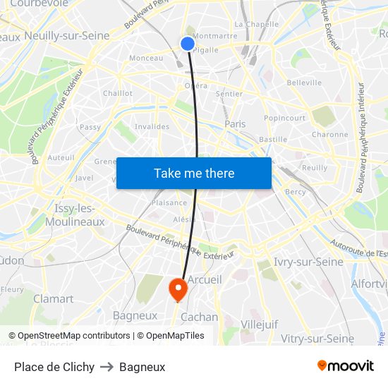 Place de Clichy to Bagneux map