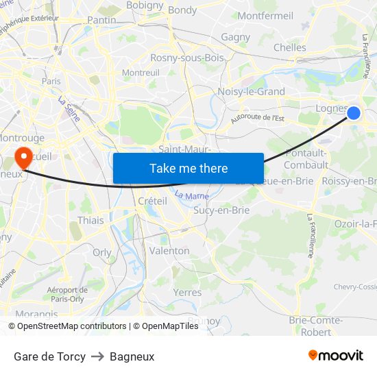 Gare de Torcy to Bagneux map