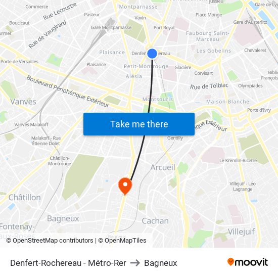 Denfert-Rochereau - Métro-Rer to Bagneux map