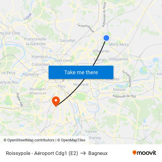 Roissypole - Aéroport Cdg1 (E2) to Bagneux map