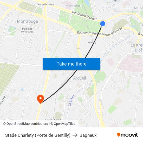 Stade Charléty (Porte de Gentilly) to Bagneux map