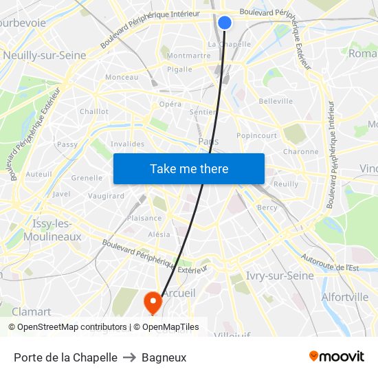 Porte de la Chapelle to Bagneux map