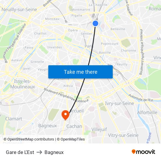 Gare de L'Est to Bagneux map