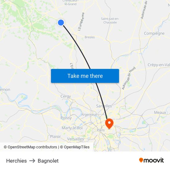 Herchies to Bagnolet map