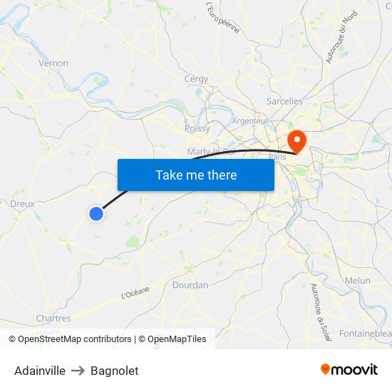 Adainville to Bagnolet map