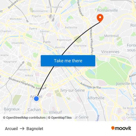 Arcueil to Bagnolet map