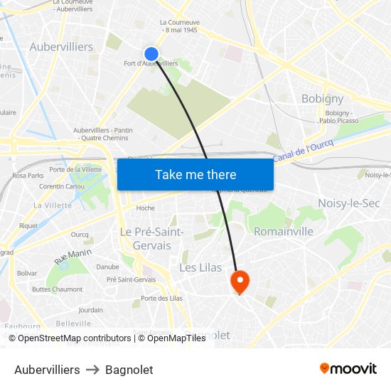 Aubervilliers to Bagnolet map