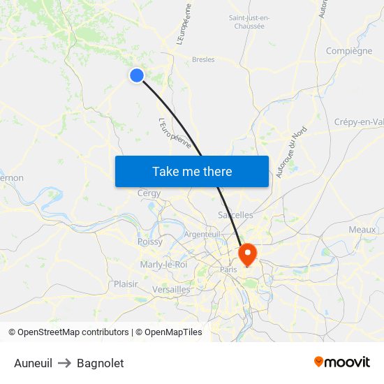 Auneuil to Bagnolet map
