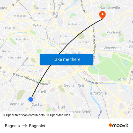 Bagneux to Bagnolet map