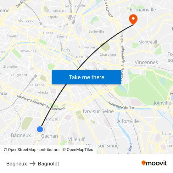 Bagneux to Bagnolet map