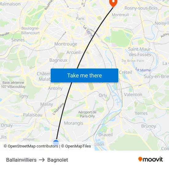 Ballainvilliers to Bagnolet map