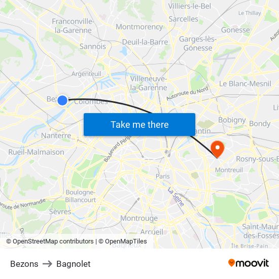 Bezons to Bagnolet map