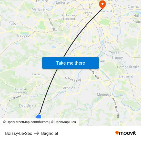 Boissy-Le-Sec to Bagnolet map