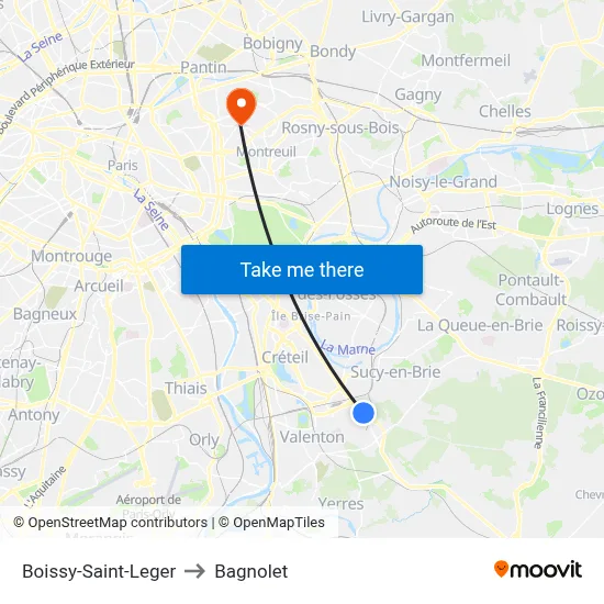 Boissy-Saint-Leger to Bagnolet map