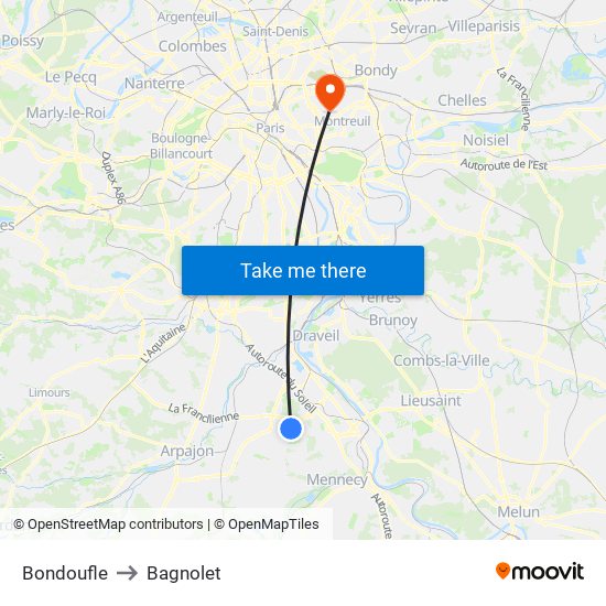 Bondoufle to Bagnolet map