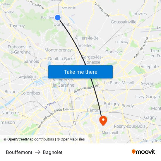 Bouffemont to Bagnolet map