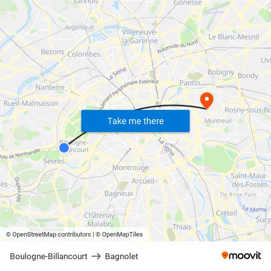 Boulogne-Billancourt to Bagnolet map