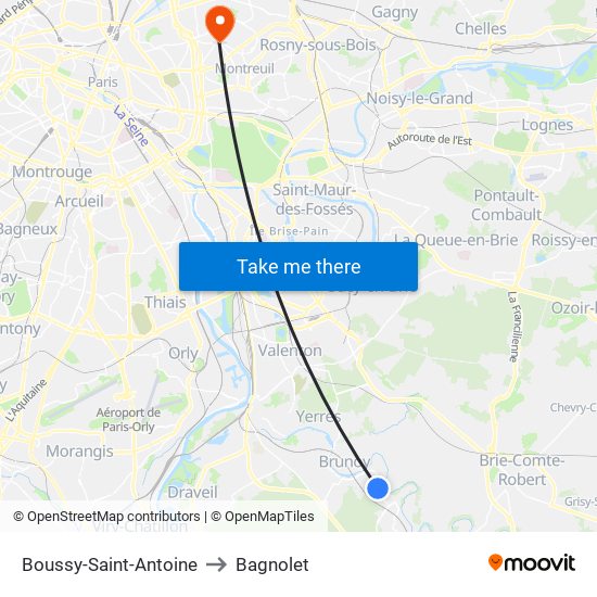 Boussy-Saint-Antoine to Bagnolet map