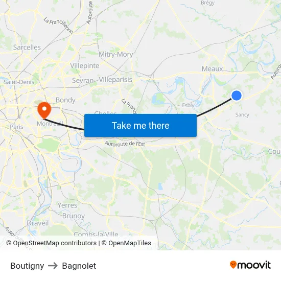 Boutigny to Bagnolet map