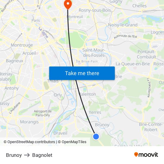 Brunoy to Bagnolet map