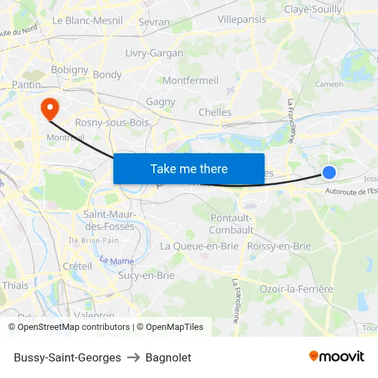 Bussy-Saint-Georges to Bagnolet map