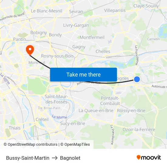 Bussy-Saint-Martin to Bagnolet map