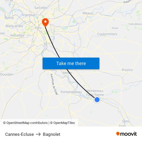 Cannes-Ecluse to Bagnolet map