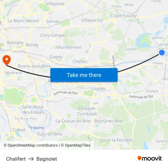 Chalifert to Bagnolet map