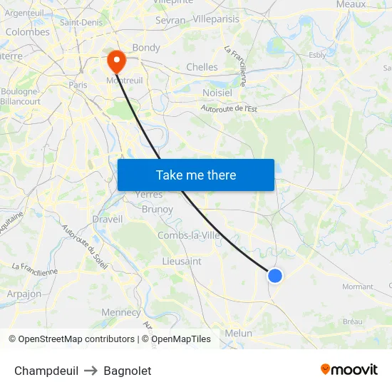 Champdeuil to Bagnolet map