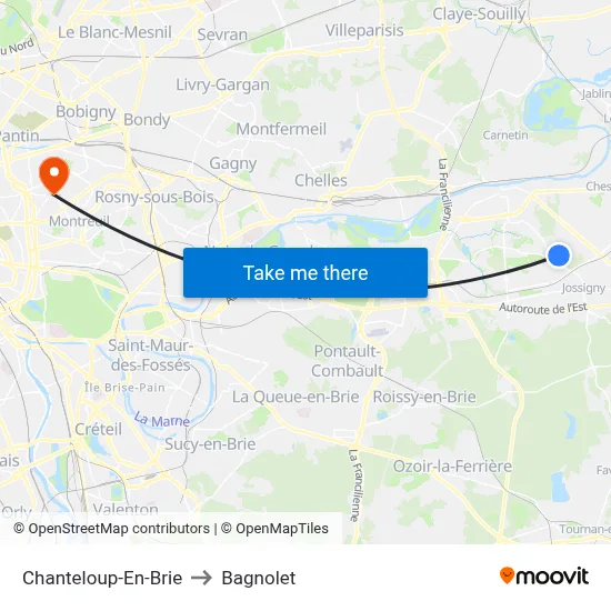 Chanteloup-En-Brie to Bagnolet map