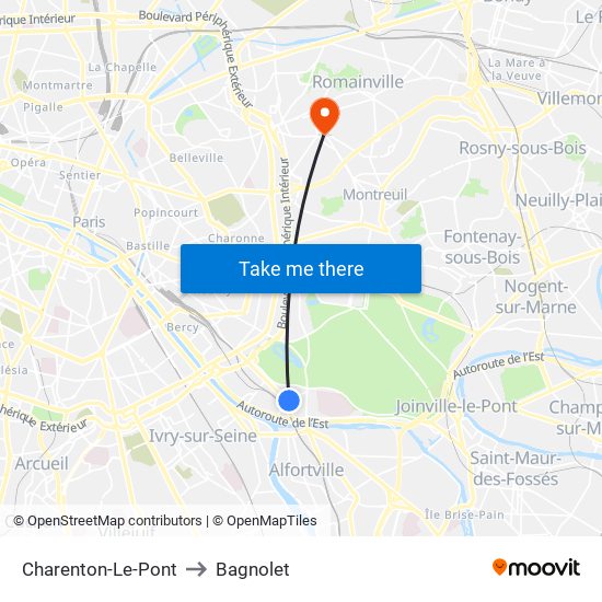 Charenton-Le-Pont to Bagnolet map